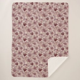 Cream Burgundy Red Hearts Flowers Sherpa Deken