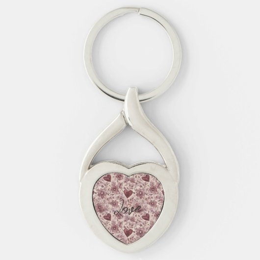 Cream Burgundy Red Hearts Flowers Sleutelhanger (Voorkant)