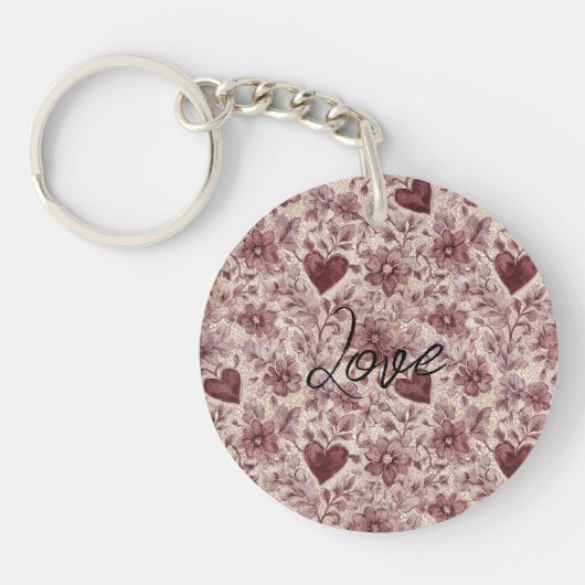 Cream Burgundy Red Hearts Flowers Sleutelhanger (Voorkant)