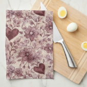 Cream Burgundy Red Hearts Flowers Theedoek (Quarter Fold)