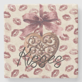 Cream Burgundy Red Lips Kisses Heart Stenen Onderzetter