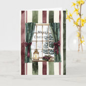 Cream Burgundy Red Stripes Window Tree Christmas Kaart (Gele Bloem)