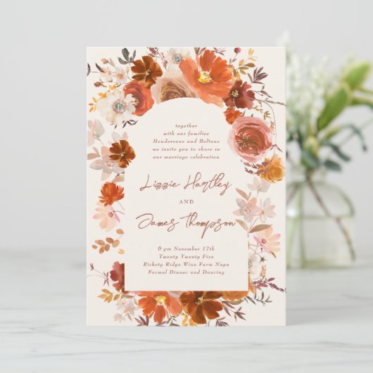 Cream Burnt Oranje Floral Botanical Arch Wedding Kaart (Staand voorkant)