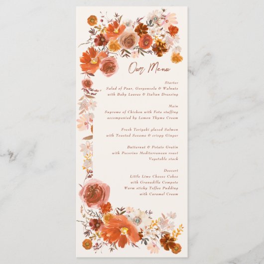 Cream Burnt Sinaasappel Floral Boho Bouquet Weddin Menu (Voorkant)
