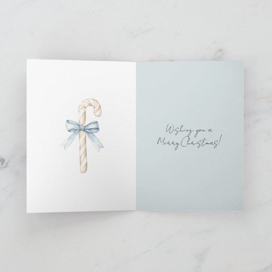 Cream Candy Canes Blue Bow Christmas Kaart (Binnen)