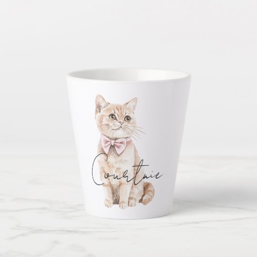 Cream Cat Pink Bow Latte Mok (Voorkant)
