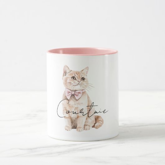 Cream Cat Pink Bow Mok (Midden)
