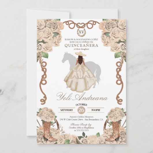 Cream Champagne Roos Charro Vestidos Quinceanera Kaart (Voorkant)