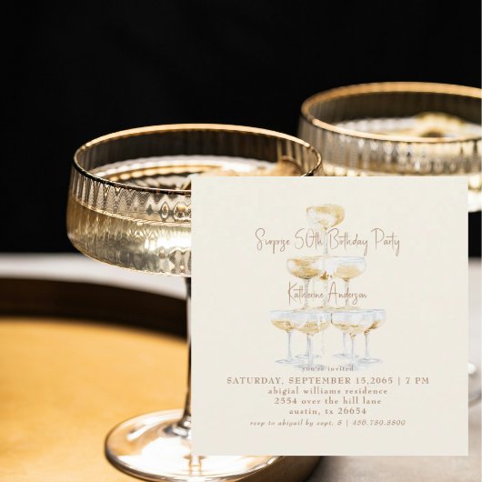 Cream Champagne Square Surprise 50th Birthday Kaart