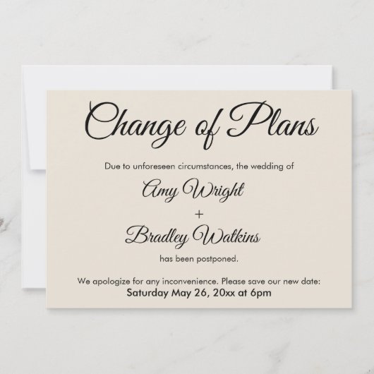 Cream Change of Plans Postponed Wedding Card Kaart (Voorkant)