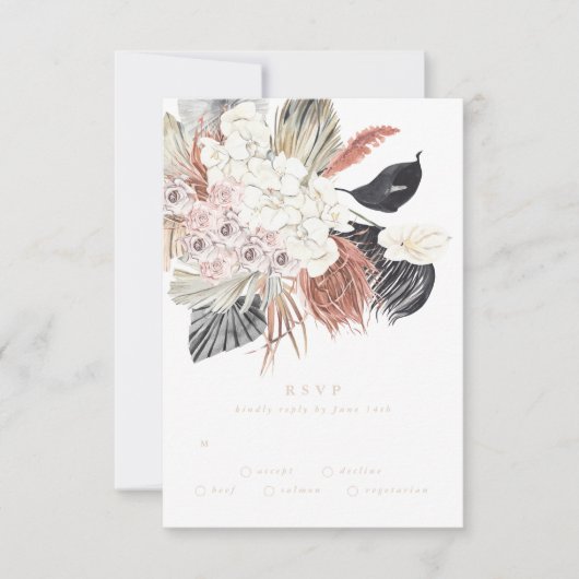 Cream Charcoal Pampas Grass Floral Oerwoud Wedding RSVP Kaartje (Voorkant)
