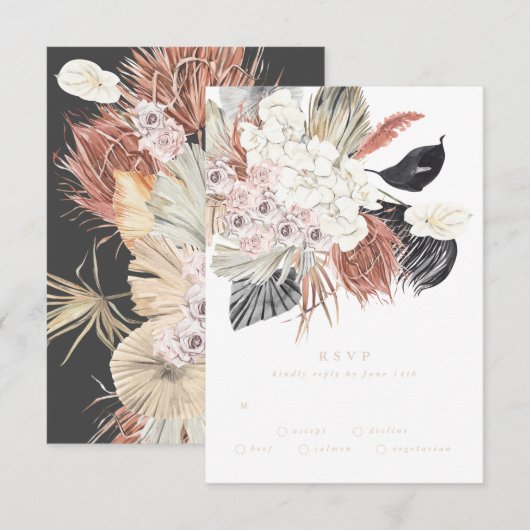 Cream Charcoal Pampas Grass Floral Oerwoud Wedding RSVP Kaartje (Voorkant / Achterkant)