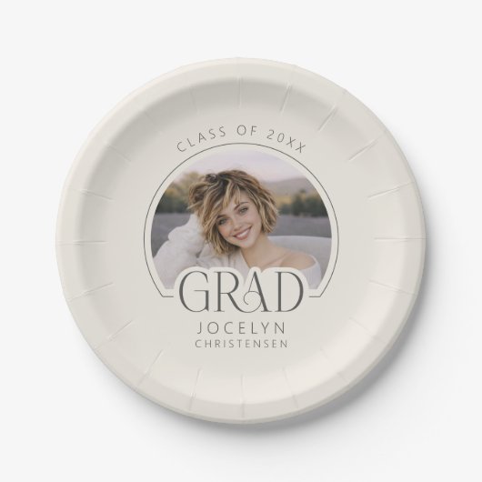 Cream Charcoal Personalized Photo Grad Party Papieren Bordje (Voorkant)