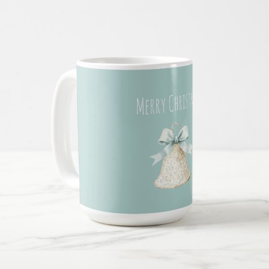 Cream Christmas Bell Pretty Blue Bow Koffiemok (Voorkant links)