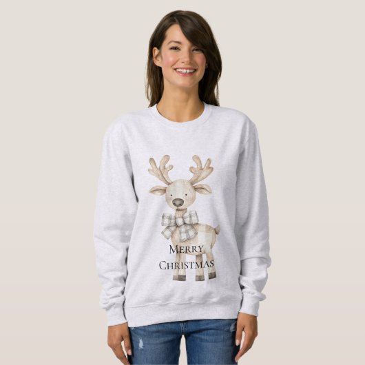 Cream Christmas Reindeer Plaid Bow Trui (Voorkant volledig)