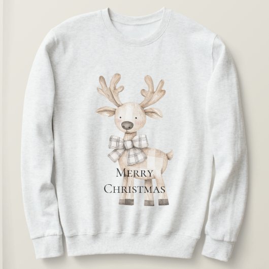 Cream Christmas Reindeer Plaid Bow Trui (Design voorkant)