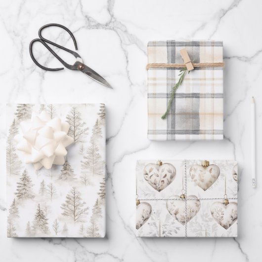 Cream Christmas Trees Hearts Plaid Stripes Inpakpapier Vel (Voorkant)