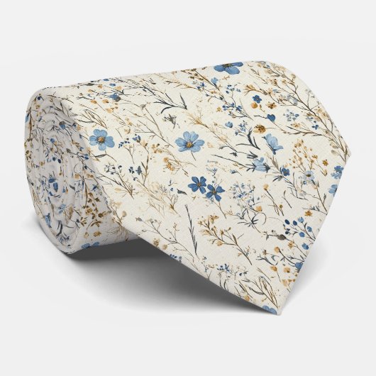Cream & Cornflower Wildflower Wedding Stropdas (Opgerold)