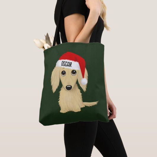 Cream Dachshund Schattige Santa Dog Christmas Cust Tote Bag (Dichtbij)