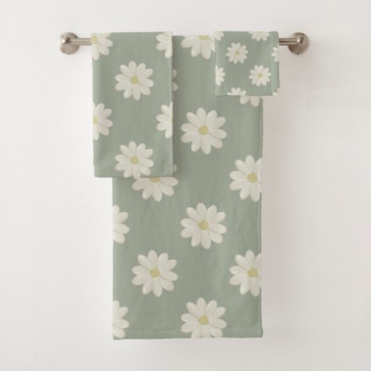 Cream Daisy Pattern Sage Green Bath Towel Set Bad Handdoek (Insitu)