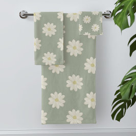 Cream Daisy Pattern Sage Green Bath Towel Set Bad Handdoek