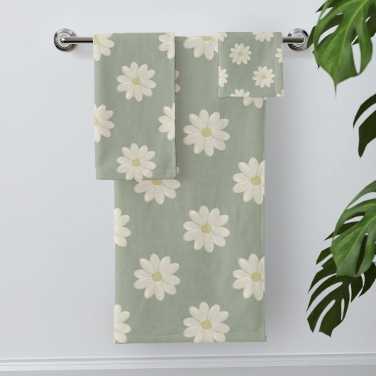 Cream Daisy Pattern Sage Green Bath Towel Set Bad Handdoek