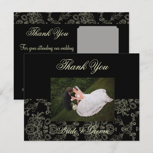 CREAM DAMASK BRUILOFT FOTO BEDANKT BRIEFKAART (Voorkant / Achterkant)