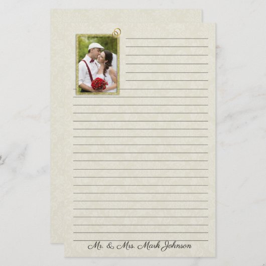 Cream Damask Wedding Lined with Photo Briefpapier (Voorkant / Achterkant)