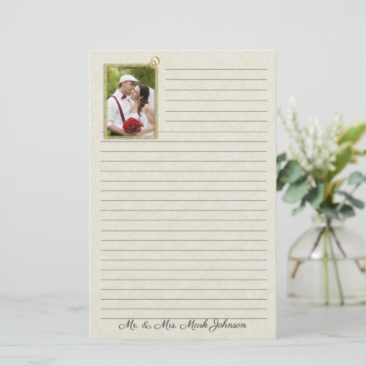 Cream Damask Wedding Lined with Photo Briefpapier (Staand voorkant)