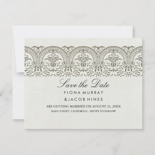 Cream  Damask Wedding Save the Date (Voorkant)