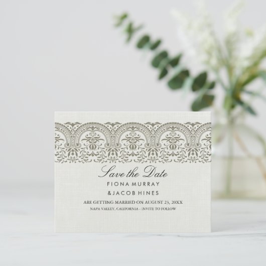 Cream Damask Wedding Save the Date (Staand voorkant)