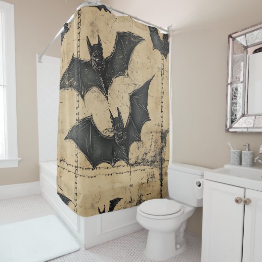 Cream Denim Grunge Patchwork with Bats Douchegordijn (In situ)