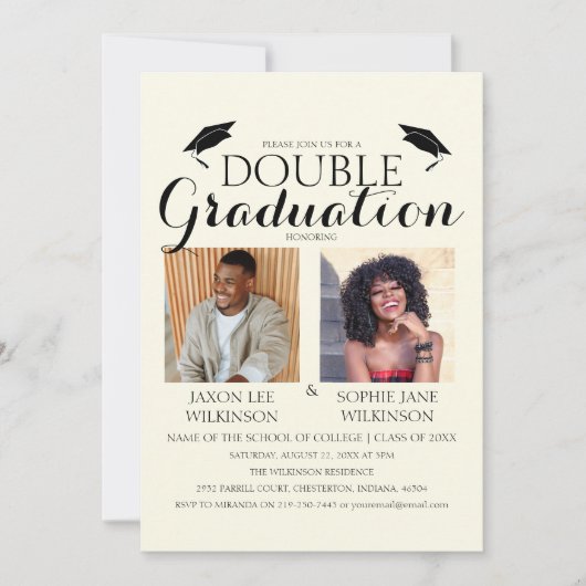 Cream Double Afstuderen 2 Photo Graduparty Kaart (Voorkant)