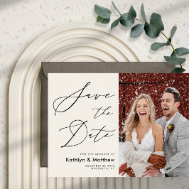 Cream Elegant Script Modern Photo Simple Wedding Save The Date