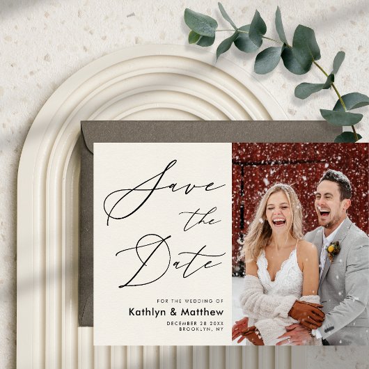 Cream Elegant Script Modern Photo Simple Wedding Save The Date