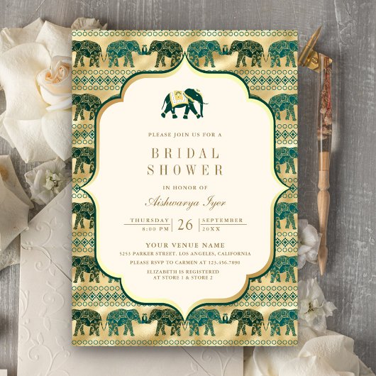 Cream Emerald Gold Elephant Indian Vrijgezellenfee Kaart