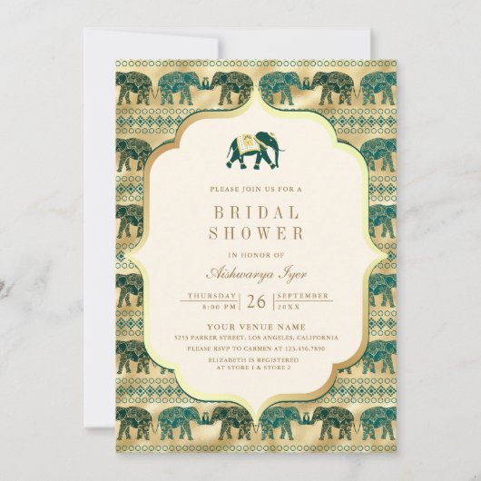 Cream Emerald Gold Elephant Indian Vrijgezellenfee Kaart (Voorkant)