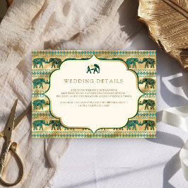 Cream Emerald Gold Elephant Indian Wedding Details Informatiekaartje