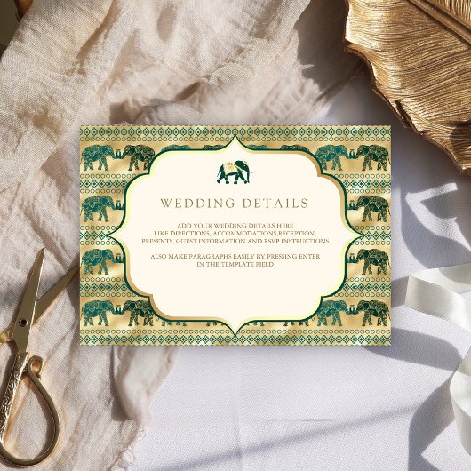 Cream Emerald Gold Elephant Indian Wedding Details Informatiekaartje
