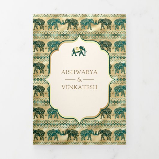 Cream Emerald Green Gold Elephant Indiase bruiloft Drieluik Uitnodiging (Cover)
