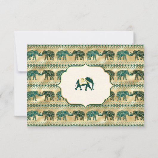 Cream Emerald Green Gold Elephant Indiase bruiloft RSVP Kaartje (Achterkant)