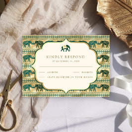 Cream Emerald Green Gold Elephant Indiase bruiloft RSVP Kaartje