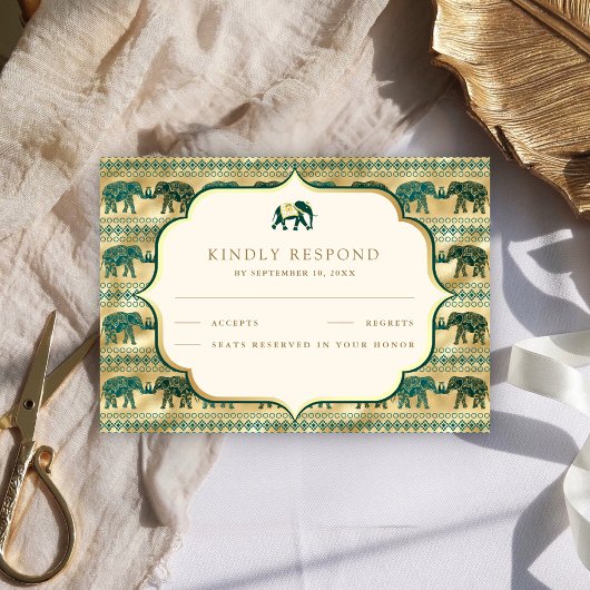 Cream Emerald Green Gold Elephant Indiase bruiloft RSVP Kaartje