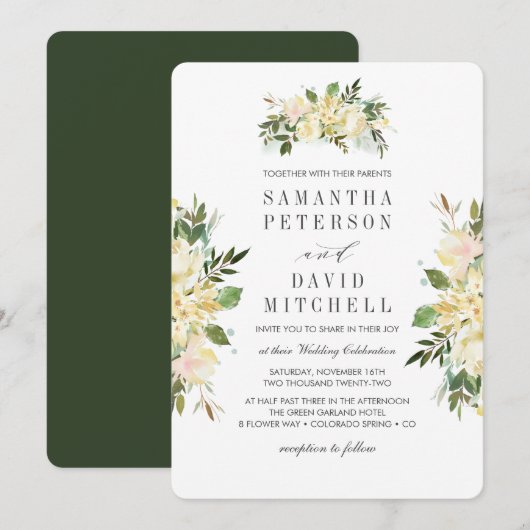 Cream en Forest Green | Botanische Floral Wedding Kaart (Voorkant / Achterkant)