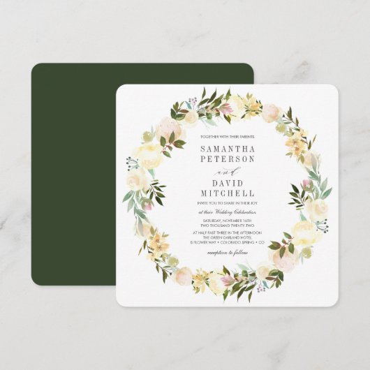 Cream en Forest Green | Garland Floral Wedding Kaart (Voorkant / Achterkant)
