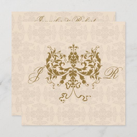 Cream en Gold Damask Initiaal Jubileum Kaart (Voorkant / Achterkant)