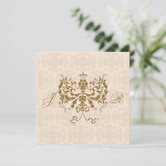 Cream en Gold Damask Initiaal Jubileum Kaart (Staand voorkant)