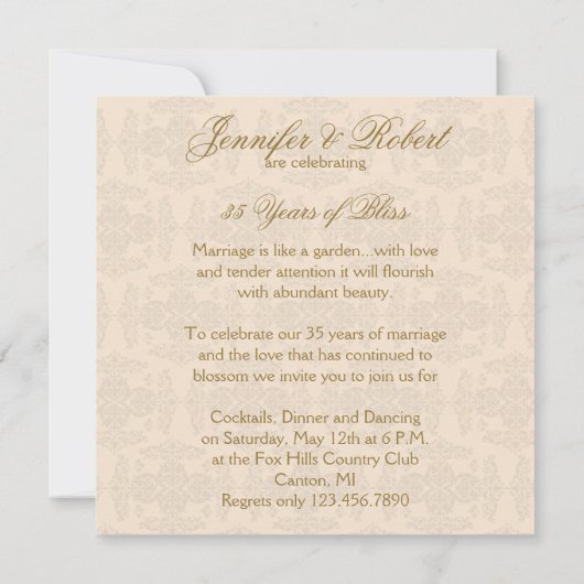 Cream en Gold Damask Initiaal Jubileum Kaart (Achterkant)