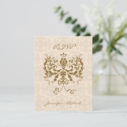 Cream en Gold Damask Initiaal Response Kaart (Staand voorkant)