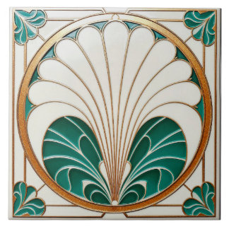 Cream en Green Art Deco Keramische Tegel. Tegeltje